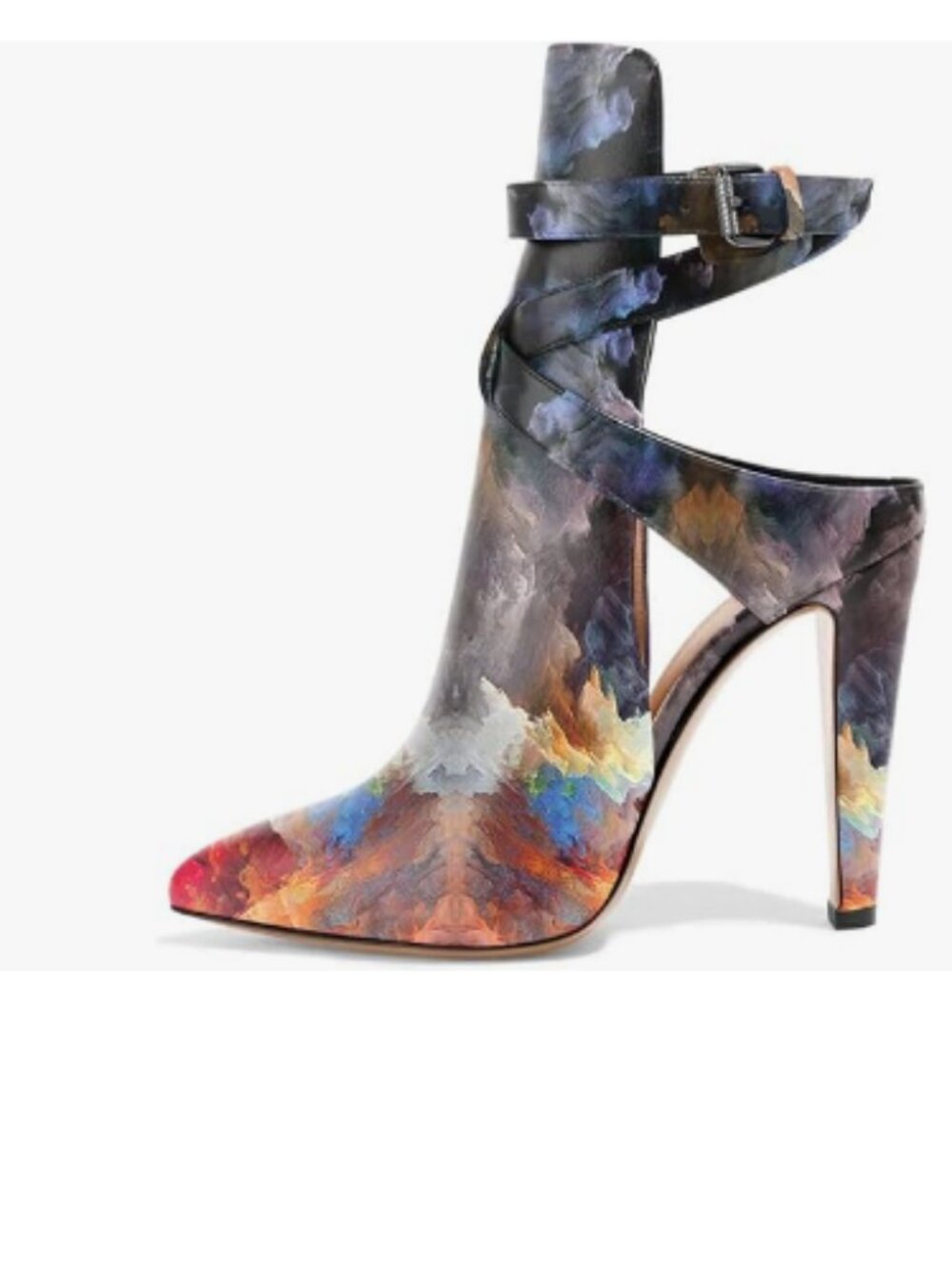 FSJ Graffiti Pointed Toe Chunky High Heel Strappy Pump Ankle Wrap Dress Bootie